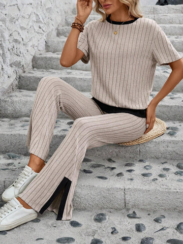 Summer To Fall Apricot Colored Fleece-Lined Knitted Stripe Patterned Comfortable Simple Casual Long Pants And T-Shirt For Women, 2pcs/Set
