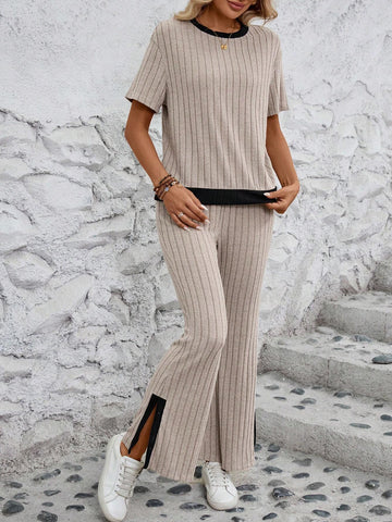 Summer To Fall Apricot Colored Fleece-Lined Knitted Stripe Patterned Comfortable Simple Casual Long Pants And T-Shirt For Women, 2pcs/Set