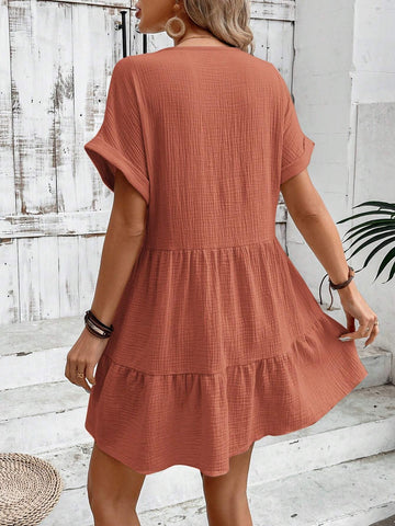 Summer V-Neck Batwing Sleeve A-Line Dress With Ruffle Hem And Double Layer Gauze Back To Casua