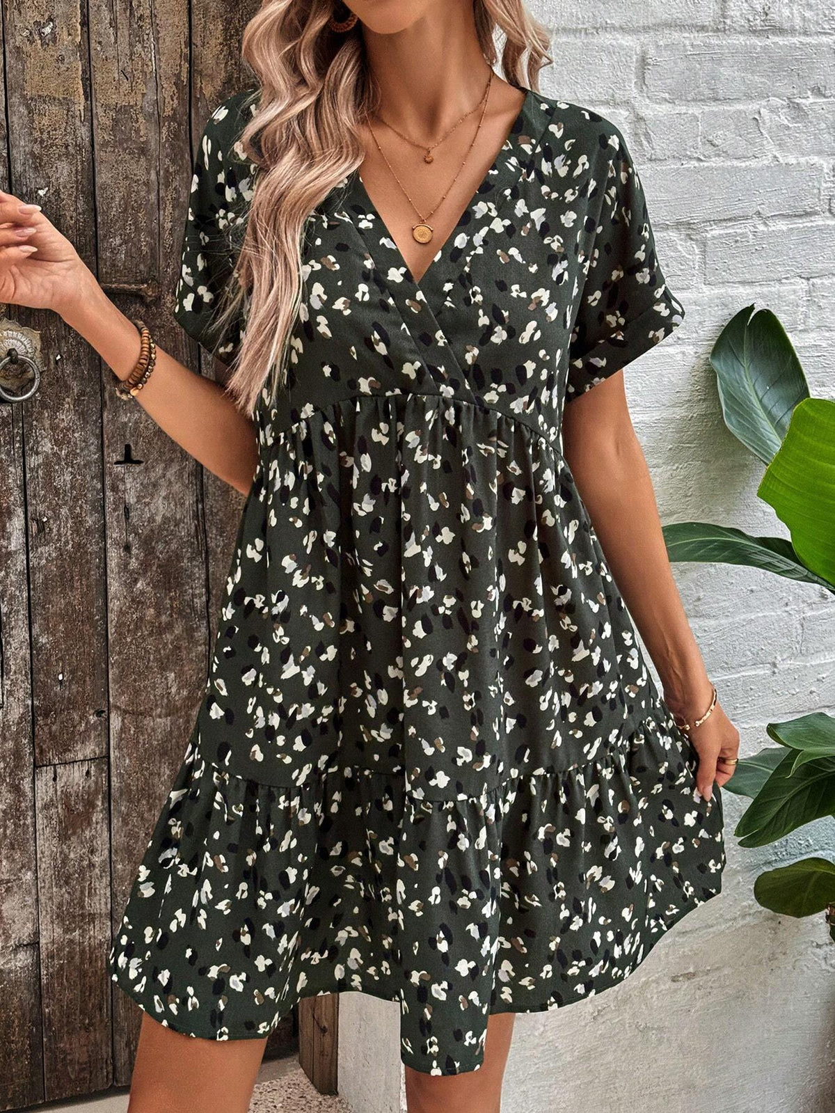 Summer V-Neck Batwing Sleeve Casual Holiday Printed Dress With Ruffles Hem