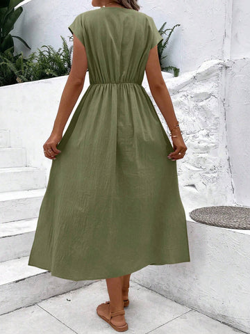 Summer V-Neck Plain Dress With Single-Breasted Decoration