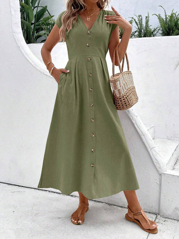 Summer V-Neck Plain Dress With Single-Breasted Decoration