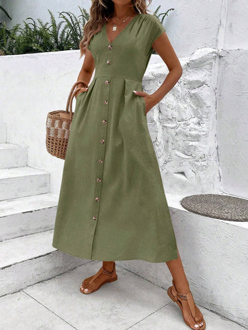 Summer V-Neck Plain Dress With Single-Breasted Decoration