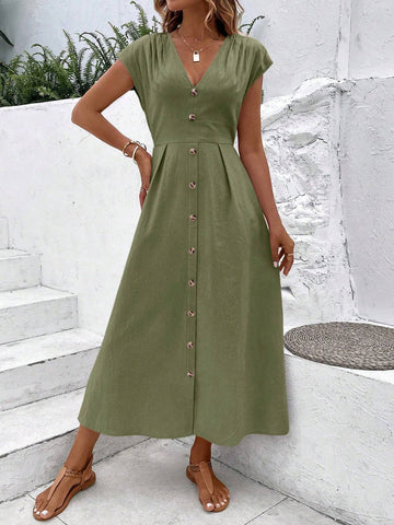 Summer V-Neck Plain Dress With Single-Breasted Decoration