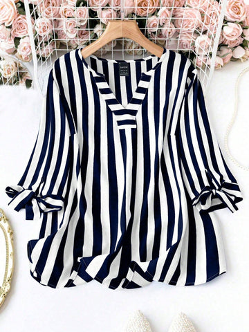 LUNE Summer V-Neck Tie-Up 3/4 Sleeve Casual Striped Vacation Shirt
