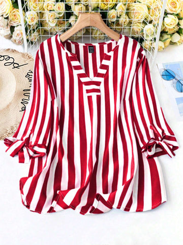 LUNE Summer V-Neck Tie-Up 3/4 Sleeve Casual Striped Vacation Shirt