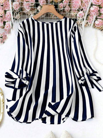 LUNE Summer V-Neck Tie-Up 3/4 Sleeve Casual Striped Vacation Shirt