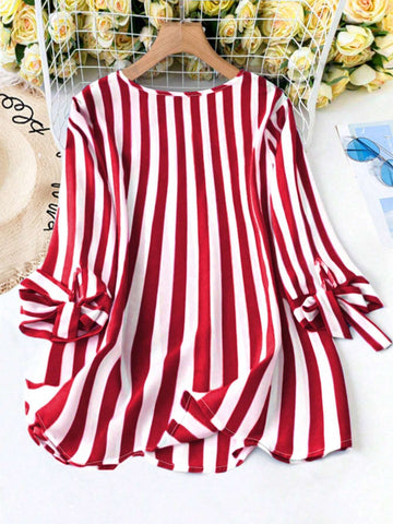 LUNE Summer V-Neck Tie-Up 3/4 Sleeve Casual Striped Vacation Shirt