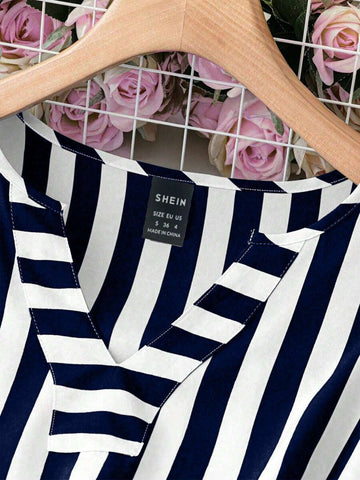 LUNE Summer V-Neck Tie-Up 3/4 Sleeve Casual Striped Vacation Shirt