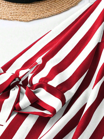 LUNE Summer V-Neck Tie-Up 3/4 Sleeve Casual Striped Vacation Shirt