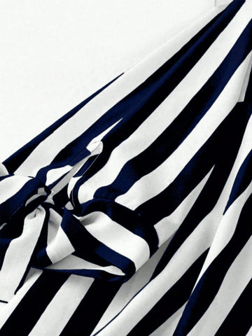 LUNE Summer V-Neck Tie-Up 3/4 Sleeve Casual Striped Vacation Shirt