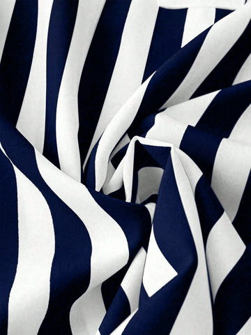 LUNE Summer V-Neck Tie-Up 3/4 Sleeve Casual Striped Vacation Shirt