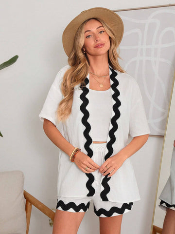 Summer Women's Kimono Shirt And Shorts Two Piece Set