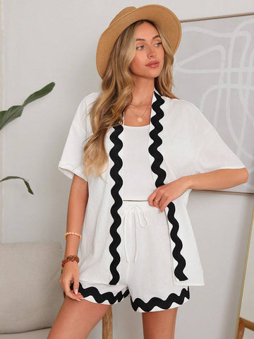 Summer Women's Kimono Shirt And Shorts Two Piece Set