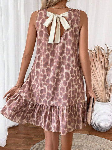 Summer Women's Leopard Print Bow Tie Mini Dress