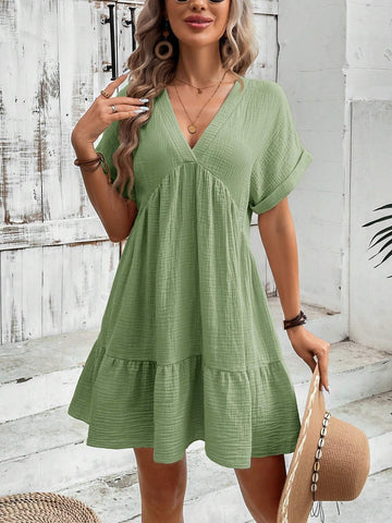 Summer Women's V-Neck Oversized Cap Sleeve Doll Dress With Ruffle Hem And Double Layered Crepe T-Shirt For Casual, Vacation