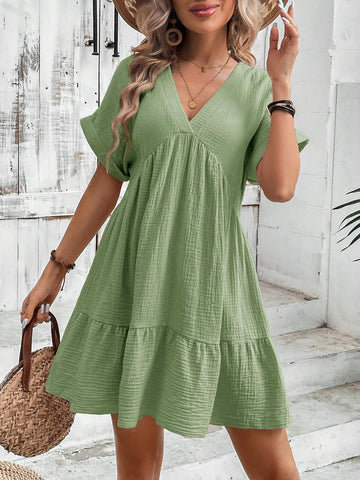 Summer Women's V-Neck Oversized Cap Sleeve Doll Dress With Ruffle Hem And Double Layered Crepe T-Shirt For Casual, Vacation