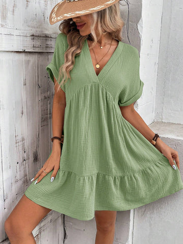 Summer Women's V-Neck Oversized Cap Sleeve Doll Dress With Ruffle Hem And Double Layered Crepe T-Shirt For Casual, Vacation