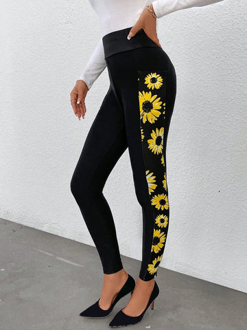LUNE Sunflower Print Wideband Waist Leggings With Phone Pocket