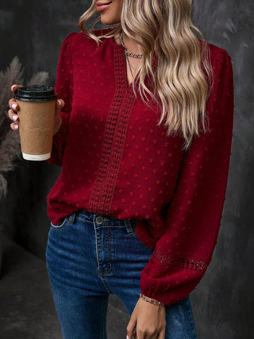 LUNE Swiss Dot Guipure Lace Insert Lantern Sleeve Blouse