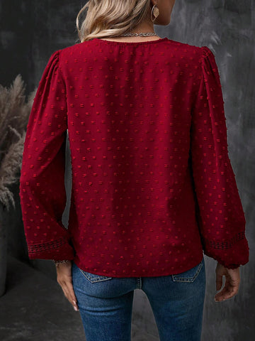 LUNE Swiss Dot Guipure Lace Insert Lantern Sleeve Blouse