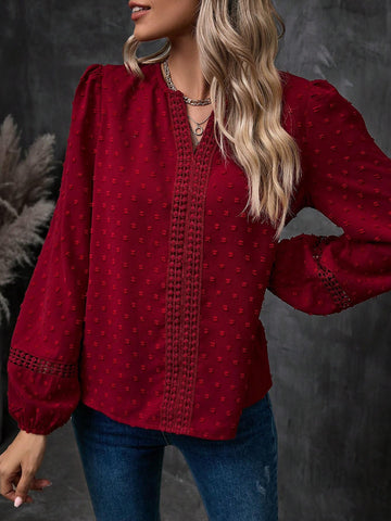 LUNE Swiss Dot Guipure Lace Insert Lantern Sleeve Blouse