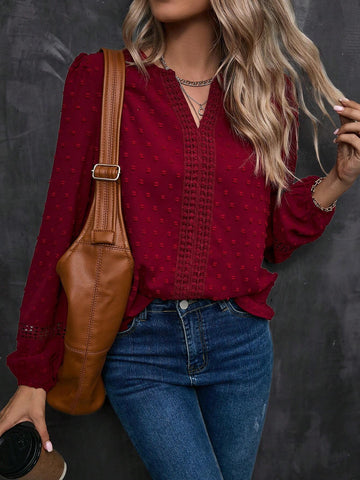 LUNE Swiss Dot Guipure Lace Insert Lantern Sleeve Blouse