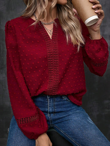 LUNE Swiss Dot Guipure Lace Insert Lantern Sleeve Blouse
