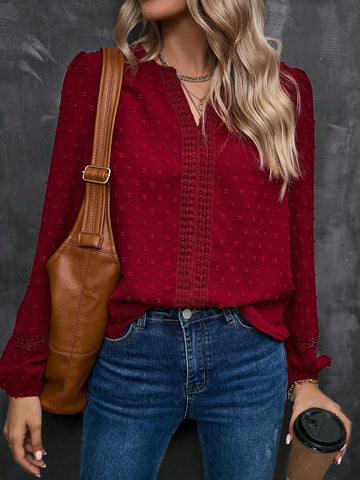 LUNE Swiss Dot Guipure Lace Insert Lantern Sleeve Blouse