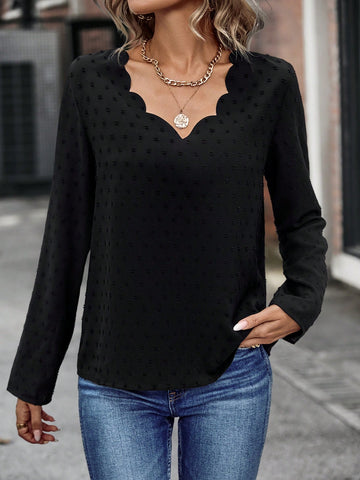 Swiss Dot Scallop Trim Blouse