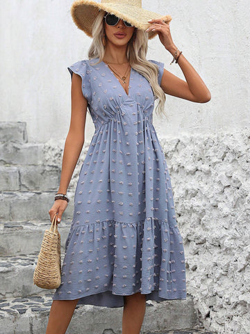 Swiss Dots V-Neck Dress With Ruffle Hem
