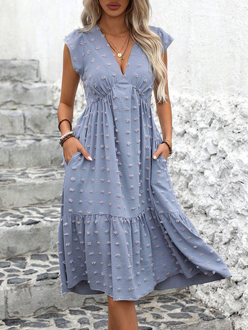 Swiss Dots V-Neck Dress With Ruffle Hem