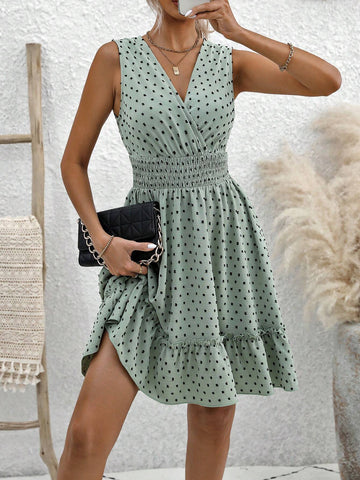 Swiss Dots V-Neck Dress With Ruffle Hem
