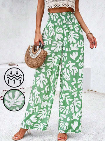 LUNE Texture Green Monochrome Block Print Wide-Leg Pants With Cascading Ruffles And High Waist