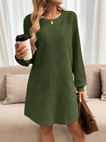 Textured Layered Cotton Casual Sports Outdoor Warm Sweatshirt Dress For Women, Round Nec