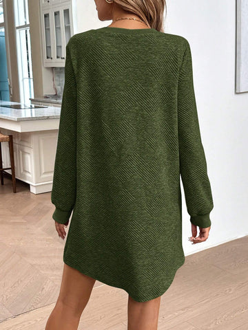 Textured Layered Cotton Casual Sports Outdoor Warm Sweatshirt Dress For Women, Round Nec