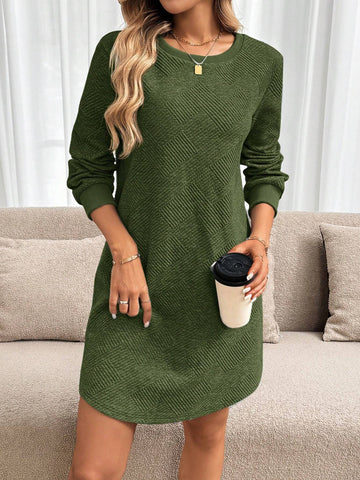 Textured Layered Cotton Casual Sports Outdoor Warm Sweatshirt Dress For Women, Round Nec