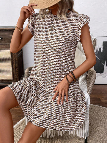 Textured Printed Sleeveless Dress With Pleats And Ruched Hem, Summer