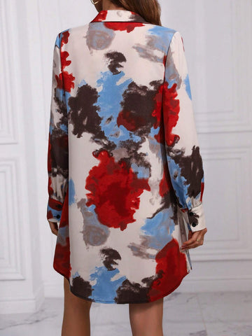 Tie-Dye Front Button Lantern Sleeve Midi Dress
