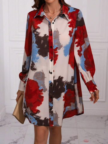 Tie-Dye Front Button Lantern Sleeve Midi Dress