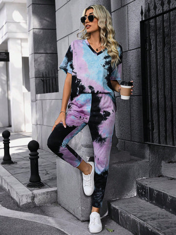 Tie-Dye V-Neck T-Shirt And Pants Set