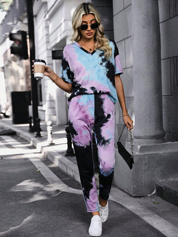 Tie-Dye V-Neck T-Shirt And Pants Set