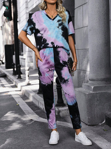 Tie-Dye V-Neck T-Shirt And Pants Set