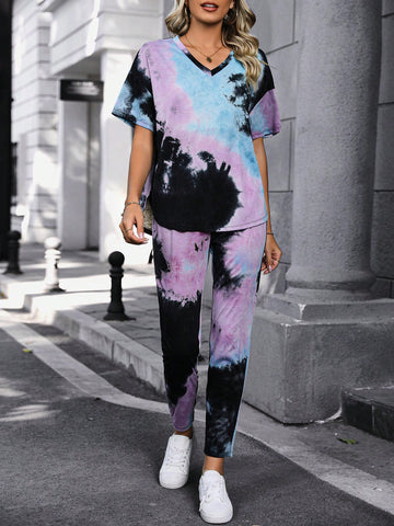 Tie-Dye V-Neck T-Shirt And Pants Set