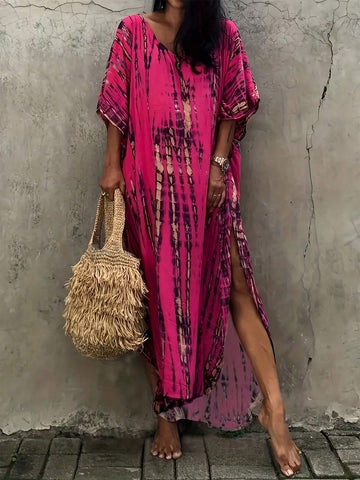 Tie Dye Side Slit Batwing Sleeve Dress