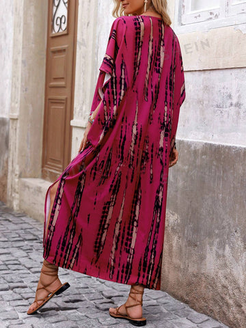 Tie Dye Side Slit Batwing Sleeve Dress