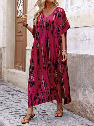 Tie Dye Side Slit Batwing Sleeve Dress