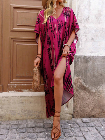 Tie Dye Side Slit Batwing Sleeve Dress