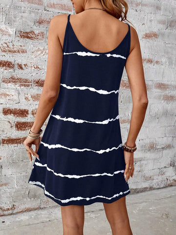 Tie Dye Stripe Binding Design U-Neck Spaghetti Strap Casual Vacation Dress For Women