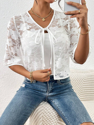 LUNE Tie Front Lace Blouse Without Cami Top For Dailywear